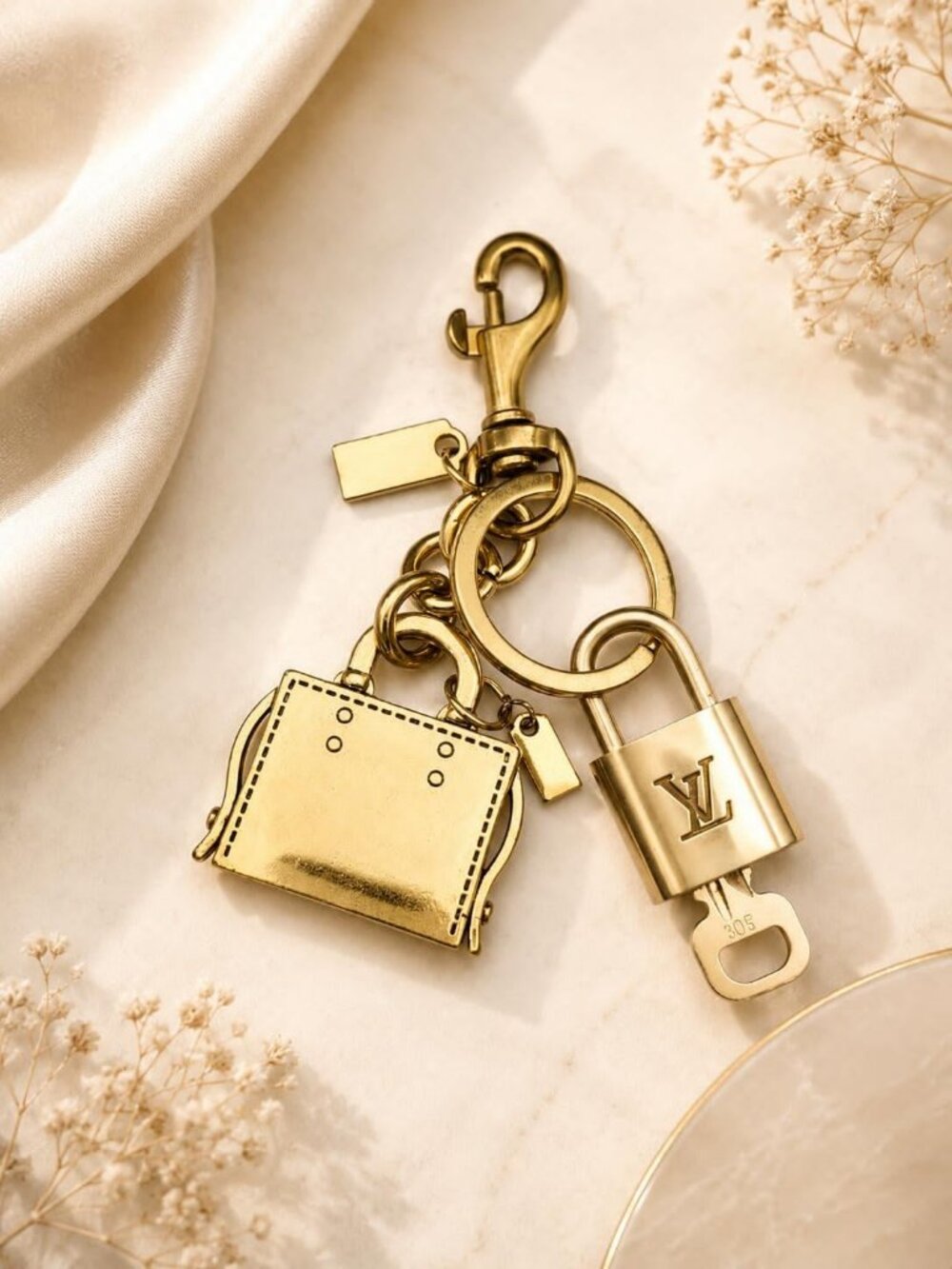 LV Gold Padlock Authentic 🔑 Luxury Bag Charm w/ Unbranded Golden Bag Keychain